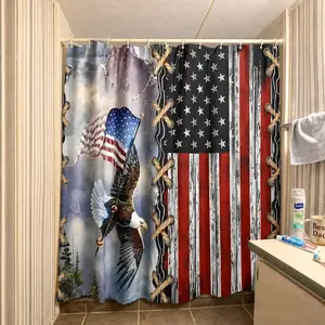 1/4pcs American Flag Pattern Bathroom Decor Set, 4 Countsset Including Shower Curtain & Toilet U-shape Mat & Bathroom Mat & Toilet Lid Cover, Bathroom Accessories, Bathroom Decoration Accessories, Shower Essentials, Shower Curtain Sets, Restroom