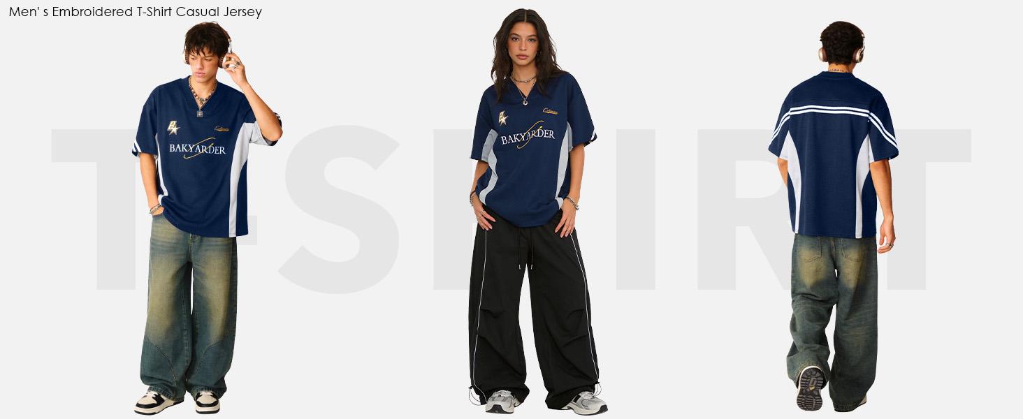 Bakyarder Men’s Vintage Oversized Jersey Shirt 90s Y2K Streetwear V Neck Embroidered Color-Block Loose Fit Casual T-Shirt Bakyarder Men’s Vintage Oversized Jersey Shirt 90s Y2K Streetwear V Neck Embroidered Color-Block Loose Fit Casual T-Shirt