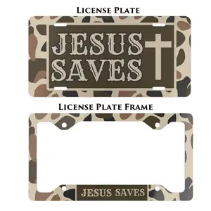 Jesus Saves Camo License Plate & Frame Set, Christian Car Tag Cover with Cross Design, Faith Based Auto Accessories, Religious Gift for Men Women, Hunting Camouflage Vehicle Decor USA