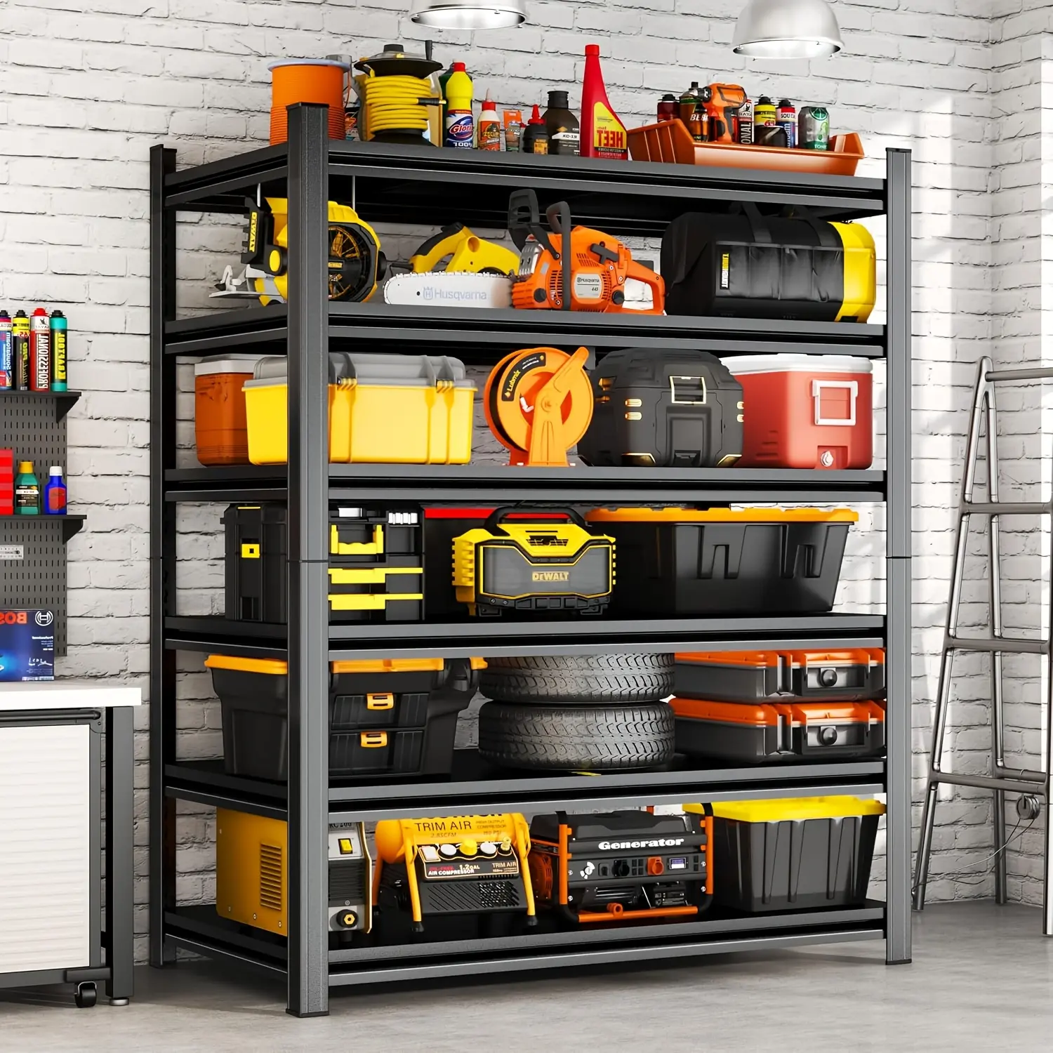 Heavy-Duty Adjustable 6-Tier Industrial Metal Storage Rack - 3000 lbs Capacity Powder-Coated Black Shelving Unit, Screw-Free Easy Assembly, Wide Span Design Ideal for Garages, Basements, Warehouses, Workshops, and Offices