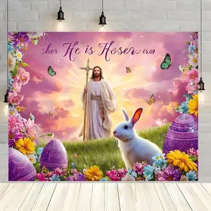 Easter Jesus Backdrop Banner with Flowers Eggs Bunny Designs, Spring Party Decoration, Indoor Outdoor Home Wall Patio Garden Celebration