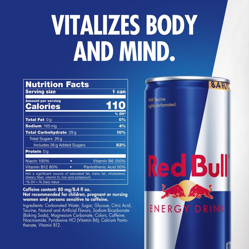 Red Bull Energy Drink, 80mg Caffeine, 8.4 fl oz, Pack of 4 Cans