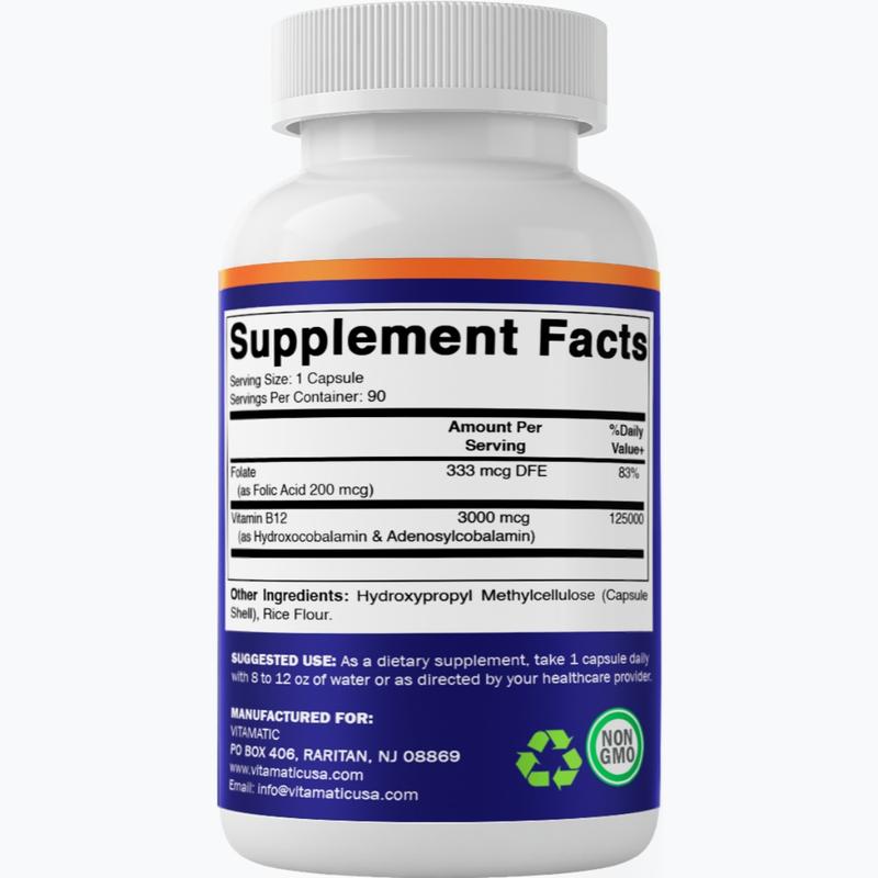 Vitamatic Adenosylcobalamin Hydroxocobalamin B12-3000 mcg with Folic Acid – Dual Active Form of B12 – Non-GMO, Gluten-Free, Sugar-Free – 90 Veg Capsules – Made in USA
