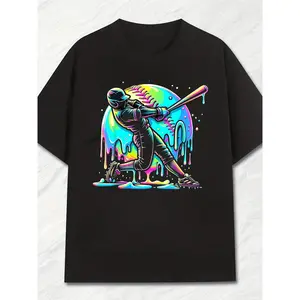 Men'S Summer Casual Loose Fit Baseball Player Dripping Paint Graphic T-Shirt |   Vibrant Neon Swirl & Baseball Bat Swing Print, Breathable Round Neck Tee for Sports Fans & Casual Outfits, All-season, Vintage Style, Crew Neck, Slight Stretch Fabric