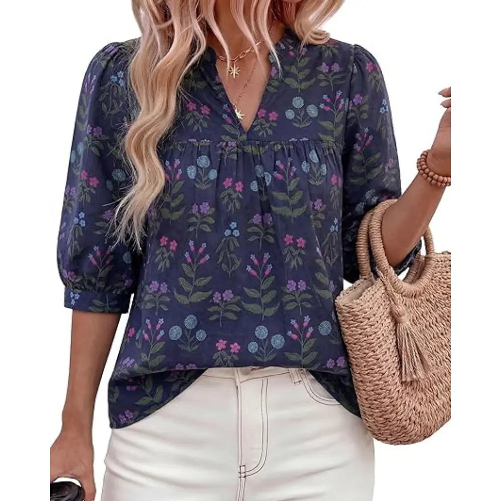 PRETTYGARDEN Women's Summer Floral Blouses Dressy Casual Half Sleeve V Neck Going Out Boho Tops Spring Fashion Clothing