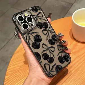 Cherry & Bow Pattern Phone Case, Decorative Anti-drop Cellphone Protective Case, Total Protective Shockproof Phone Cover for iPhone 11 12 13 14 15 16 Pro Max X XR, Casing