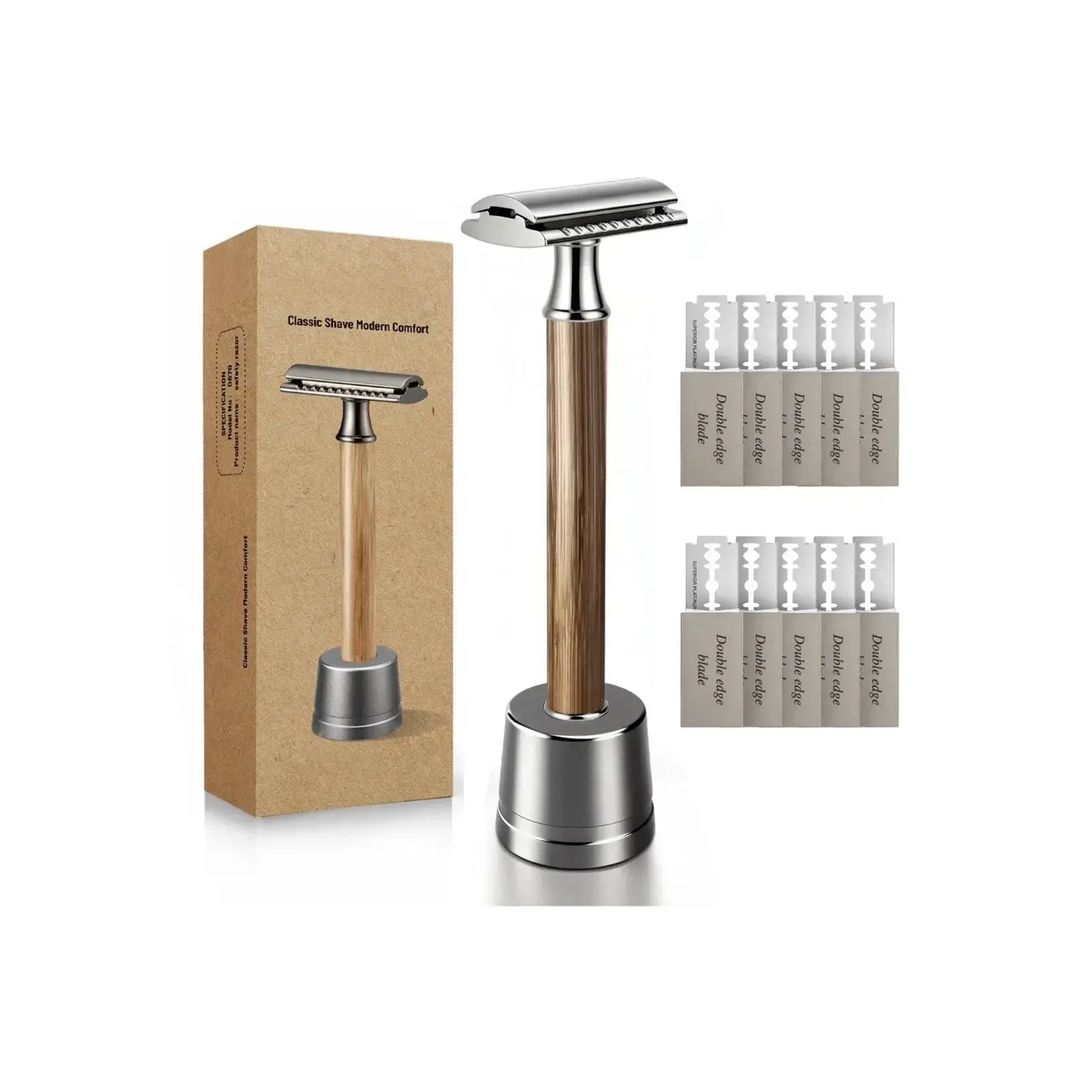 Classic Shave Modern Comfort Razor with Wooden Handle and 10 Double Edge Blades for Smooth Shaving Experience