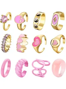 12Pcs Y2K Colorful Rings Acrylic Plastic Resin Rhinestone Gem Alloy Rings Pink Orange Purple Green Heart UFO Flower Ying Yang CZ Square Stackable Cute Chunky Gold Trendy for Women