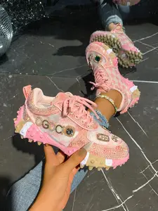 Women's Mesh Rhinestone Dad Shoes, Sweet Cool Style, Thick Sole Height Boost, Trendy Casual Footwear, Spring & Fall Fashion
