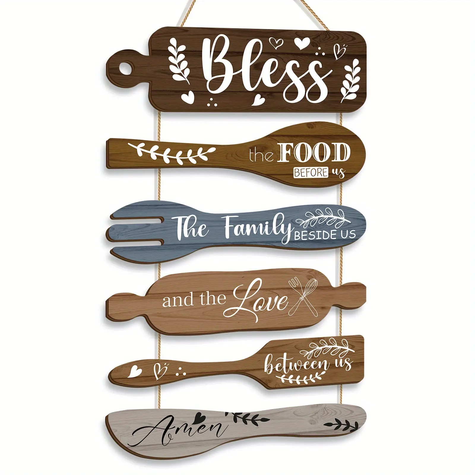 SIX Pieces Bless The Food Before Us Sign Farmhouse Kitchen Wall Decor, Fun Decorative Pattern Country Dining Room Wall Art Dining Room Decor, Vintage Art Wooden Rustic Retro Kitchen Hanging Wood Sign
