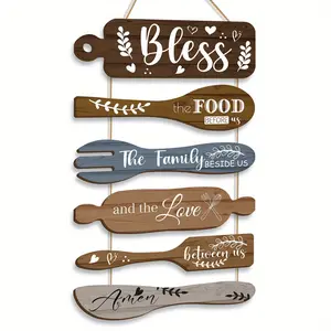 SIX Pieces Bless The Food Before Us Sign Farmhouse Kitchen Wall Decor, Fun Decorative Pattern Country Dining Room Wall Art Dining Room Decor, Vintage Art Wooden Rustic Retro Kitchen Hanging Wood Sign