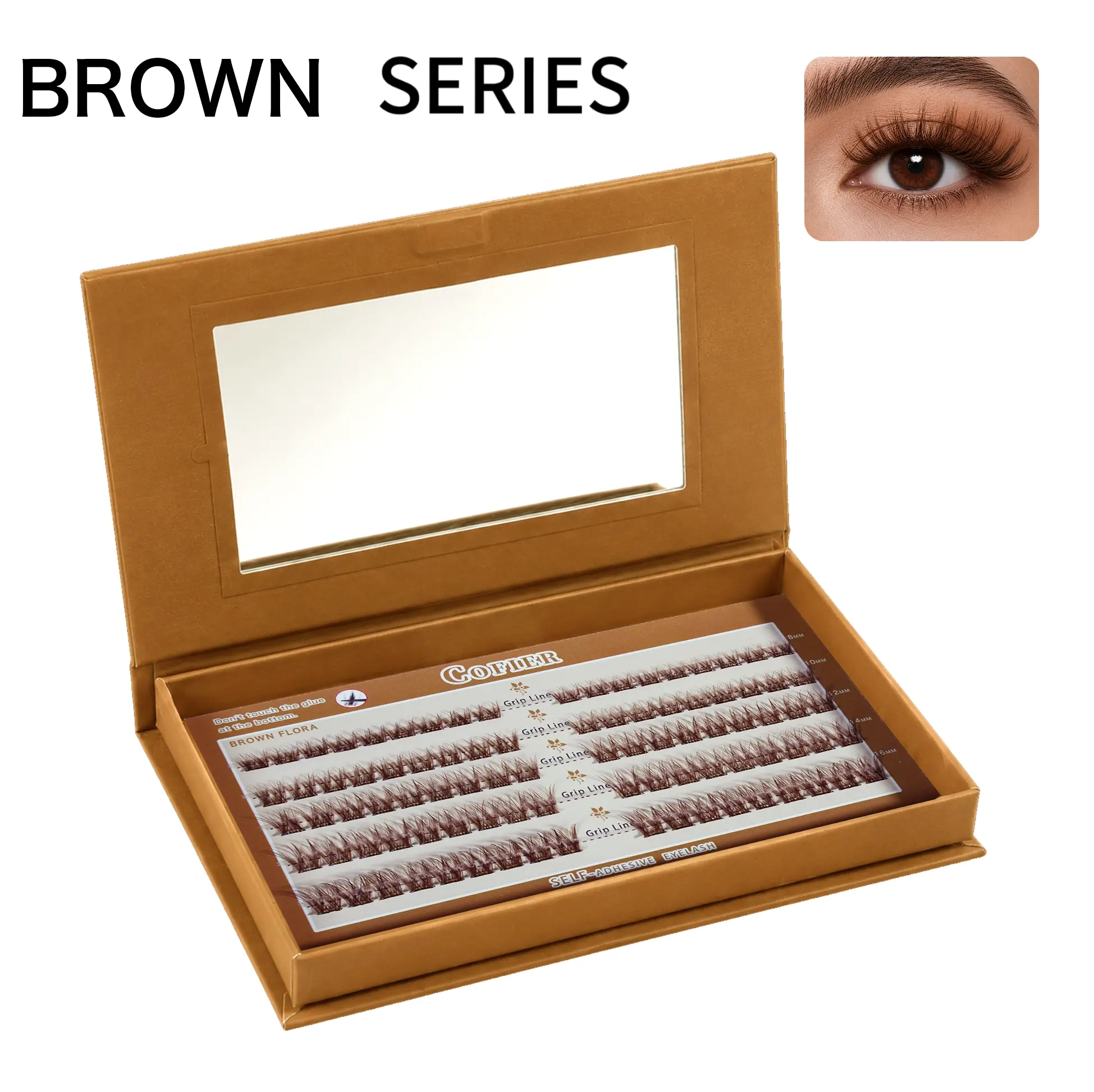 COFIER Brown Series No-Glue DIY Cosmetic Lash Cluster Kit - C Curl Lengthening Volume Individual Lashes, Adhesive, Tweezers, Beginner-Friendly Eyelash Extension Kit for Adults (80/90/120 Pcs Individual Bottom Clusters)