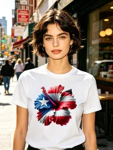 Patriotic T-Shirt Vibrant Cotton Puerto Rico Flag Hibiscus Flower T-Shirt | Regular Fit Short Sleeve Tee For Men & Women, Breathable 100% Cotton, Summer Casual Wear, Machine Washable, Patriotic Clothing Top Everyday