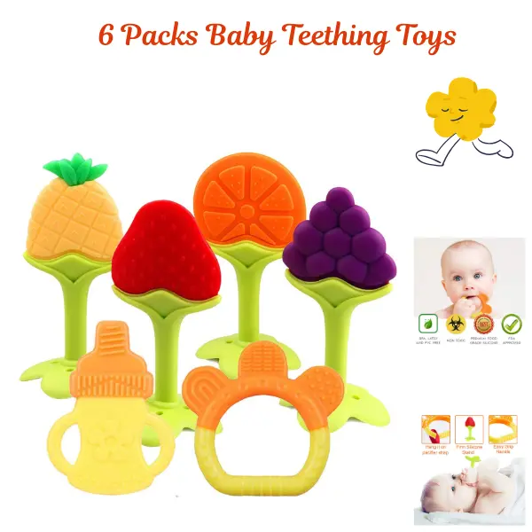 6-Pack BPA-Free Silicone Baby Teething Toys for Parents’ Modern Needs, Soft-Textured, Freezer-Safe for Gum Relief, Lightweight Irregular Fruit Shapes for 9-12 Months Sensory Development, Hand Wash Only