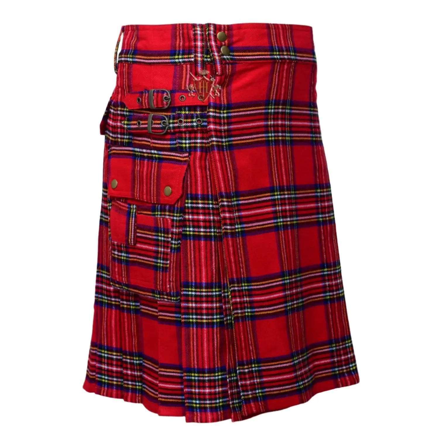 Royal Stewart Casual Hybrid Utility Kilt, Handmade Cotton Tartan Clothes with Cargo Pockets and Adjustable Belt Straps, Traditional, Fashion