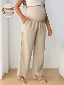 ELERENZO Maternity Casual Adjustable Drawstring Waist Bow Decor Belly Support Straight Leg High Waist Pregnancy Pants