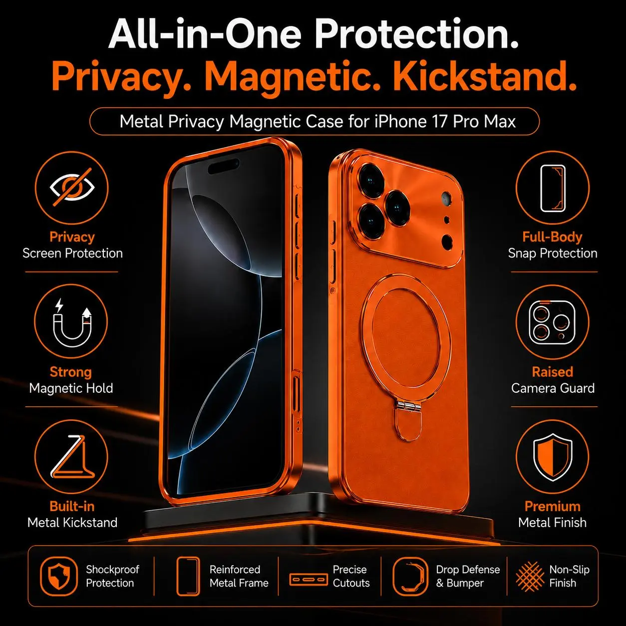 Durable Metal Privacy Magnetic Smartphone Case for iPhone 17/16/15/14/13 Pro Max, Full Body Drop-Proof Cover with Anti-Peep Screen Protector, Built-in Ring Kickstand Mount, Landscape-Ready Shockproof Handheld Cellphone Devices Accessory