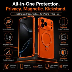 Metal Privacy Magnetic Case for iPhone 17 Pro Max - Anti-Peep Screen, Built-in Ring Kickstand, Shockproof Full-Body Cover for Smartphone, Cellphone, Handheld Devices & Mobile Accessories