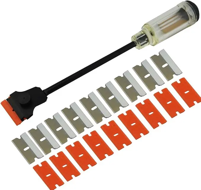Metal-Plastic Long Handle Razor Scraper Kit Set, Hand Tool Accessory with 20 Replaceable Blades for Removing Stickers, Glue, Paint from Glass & Surfaces