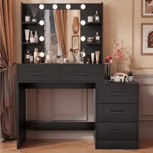 Makeup Vanity Desk with LED Lights, Mirror & Power Outlet, Dressing Table with 4 Shelves and 5 Drawers, Vanity Set & Nightstand for Bedroom, Black