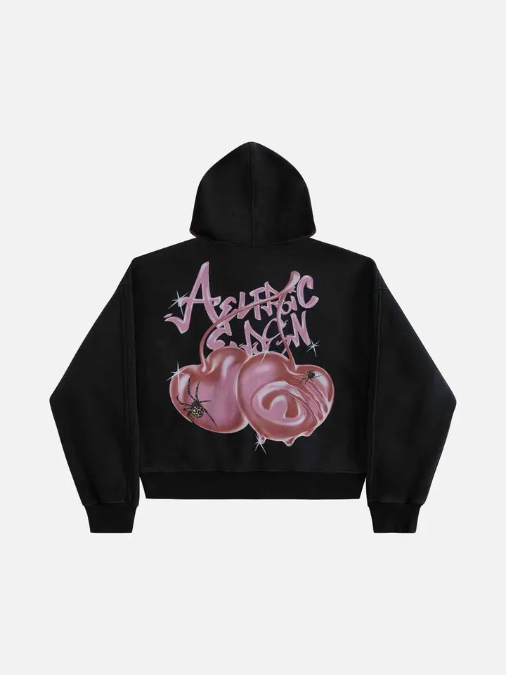 AELFRIC EDEN Unisex Gothic Streetwear Hoodie, Oversized Zip-Up Sweatshirt with Spider Cherry Graphic, Cotton Blend Boxy Fit, Sweatshirts, Menswear, Bold Graphic, Boxy Silhouette, Streetwear Clothing, Graphic Hoodies