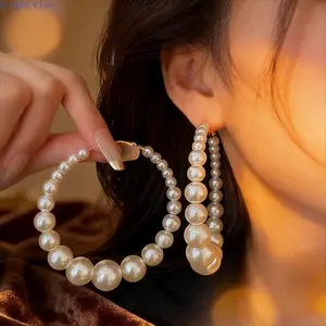 Women's 2-Pair Beaded Faux Pearl Exaggerated Hoop Earrings - Elegant, High-Quality, Lightweight Jewelry for Daily Wear & Parties (Bag Chain Accessory)