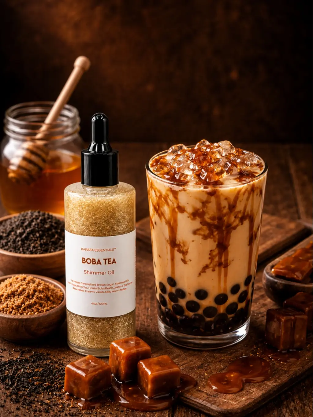 Boba Tea Moisturizing Body Oil Caramelized Brown Sugar, Steamed Milk, Black Tea, Honey Boba Pearls, Jasmine Tea Leaves, Creamy Vanilla Milk, Warm Amber by Karafa Essentials