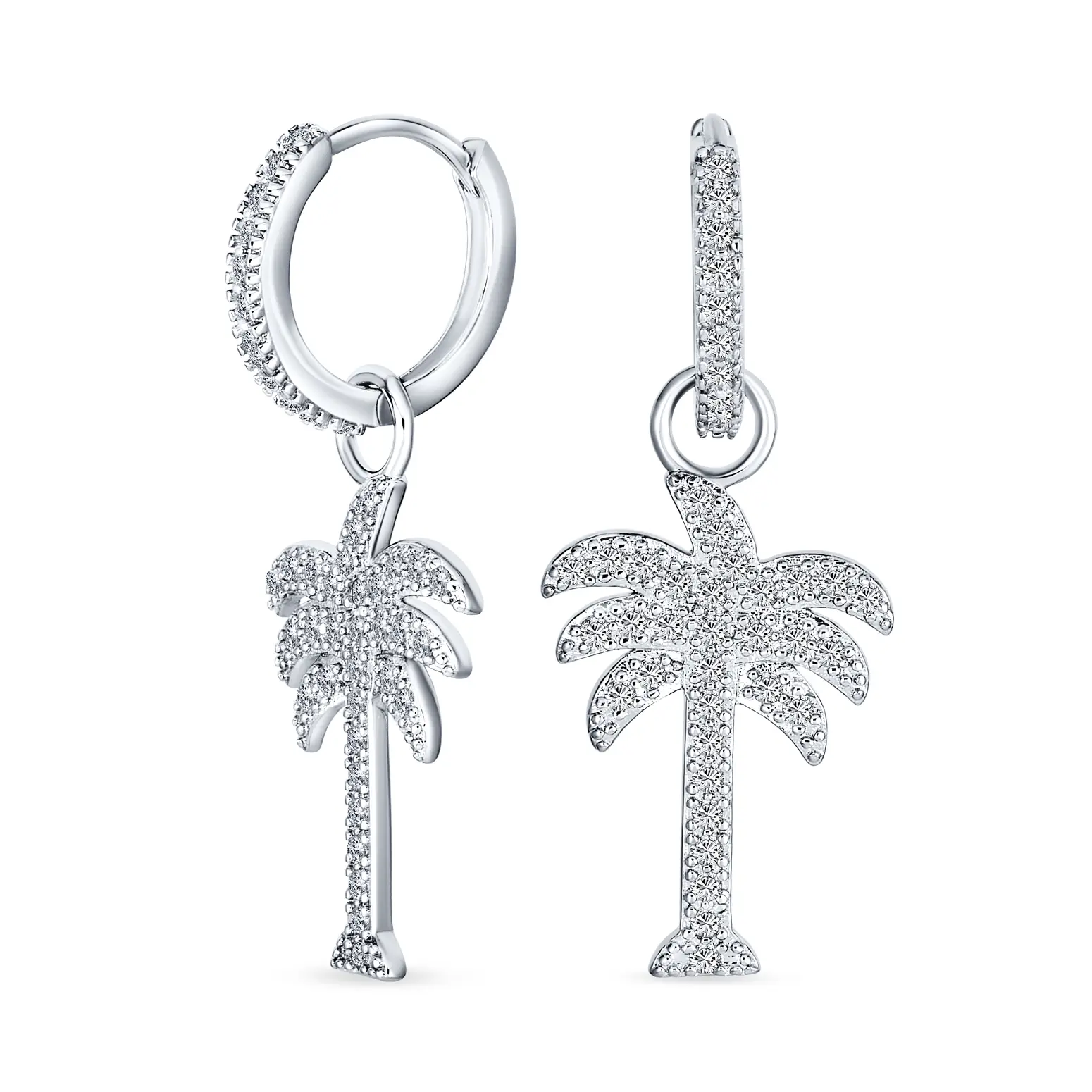 Hawaiian Palm Tree Dangle Chandelier Earrings CZ Cubic Zirconia Sterling Silver