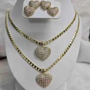 # 0075 Heart Pendant Necklace Set 18" Gold Plated 14k High Quality Jewelry with Matching Earrings for Women