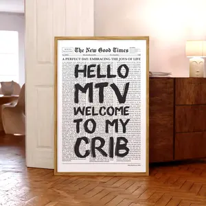 Welcome To My Crib Newspaper Print Poster, Trendy Hello MTV Wall Art, Positive Funny Quote Decor, Lightweight Artistic Collectible - Optional Frame, Ideal Gifts