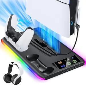 BRHE PS5/PS5 Slim Cooling & Charging Station with Cooling Fan,PS5/ PS5 Slim cooling and charging station Stand for Disc & Digital Console,PS5 Controller Charger,PS5 / PS5 Slim Accessories with 3 Charging Ports,Headset Holder