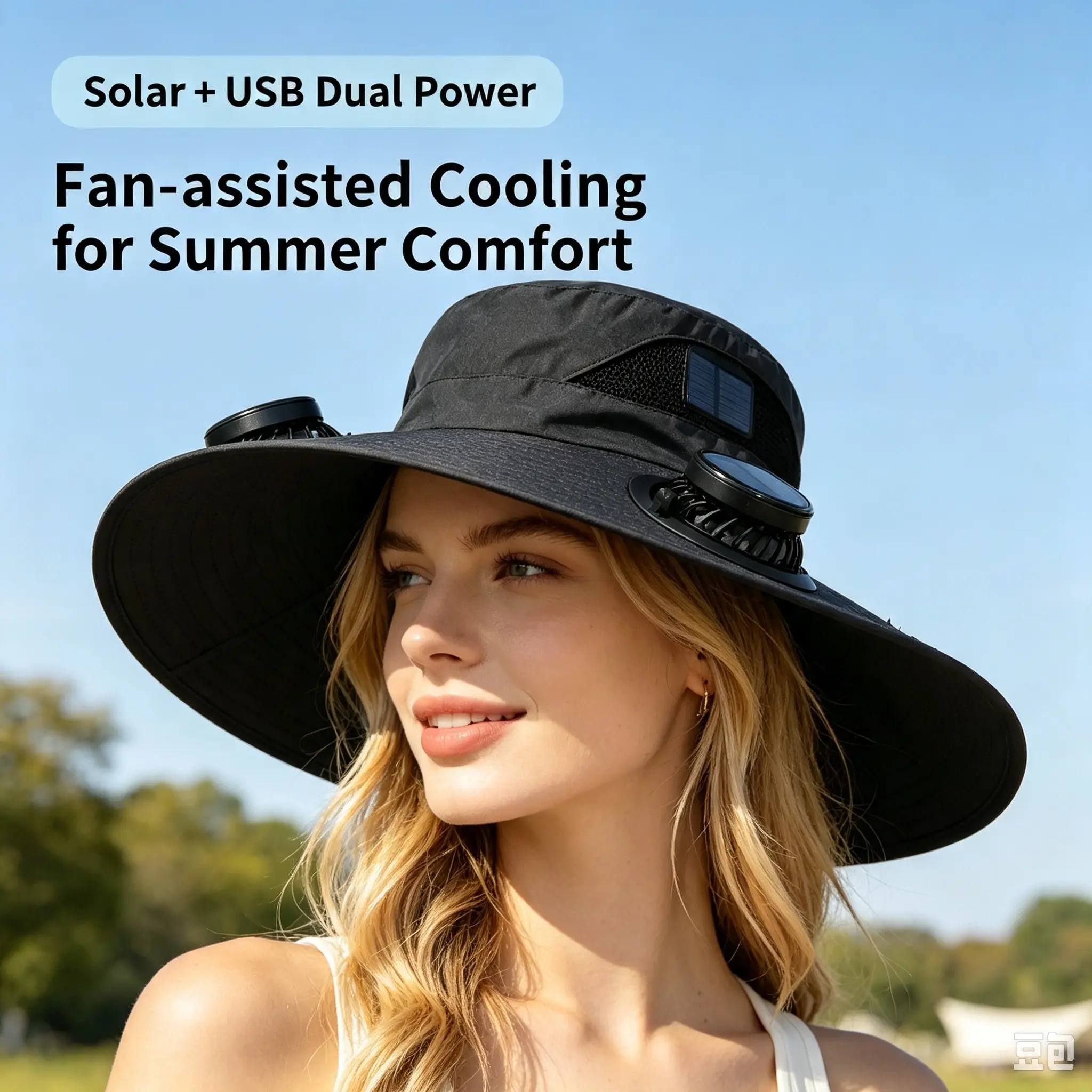 Unisex Wide Brim Bucket Hat - USB Solar-Rechargeable, Cooling Mesh Fabric with Airflow, Adjustable Wind Speeds, Sun Protection, Ideal for Outdoor Hiking, Fishing Activities