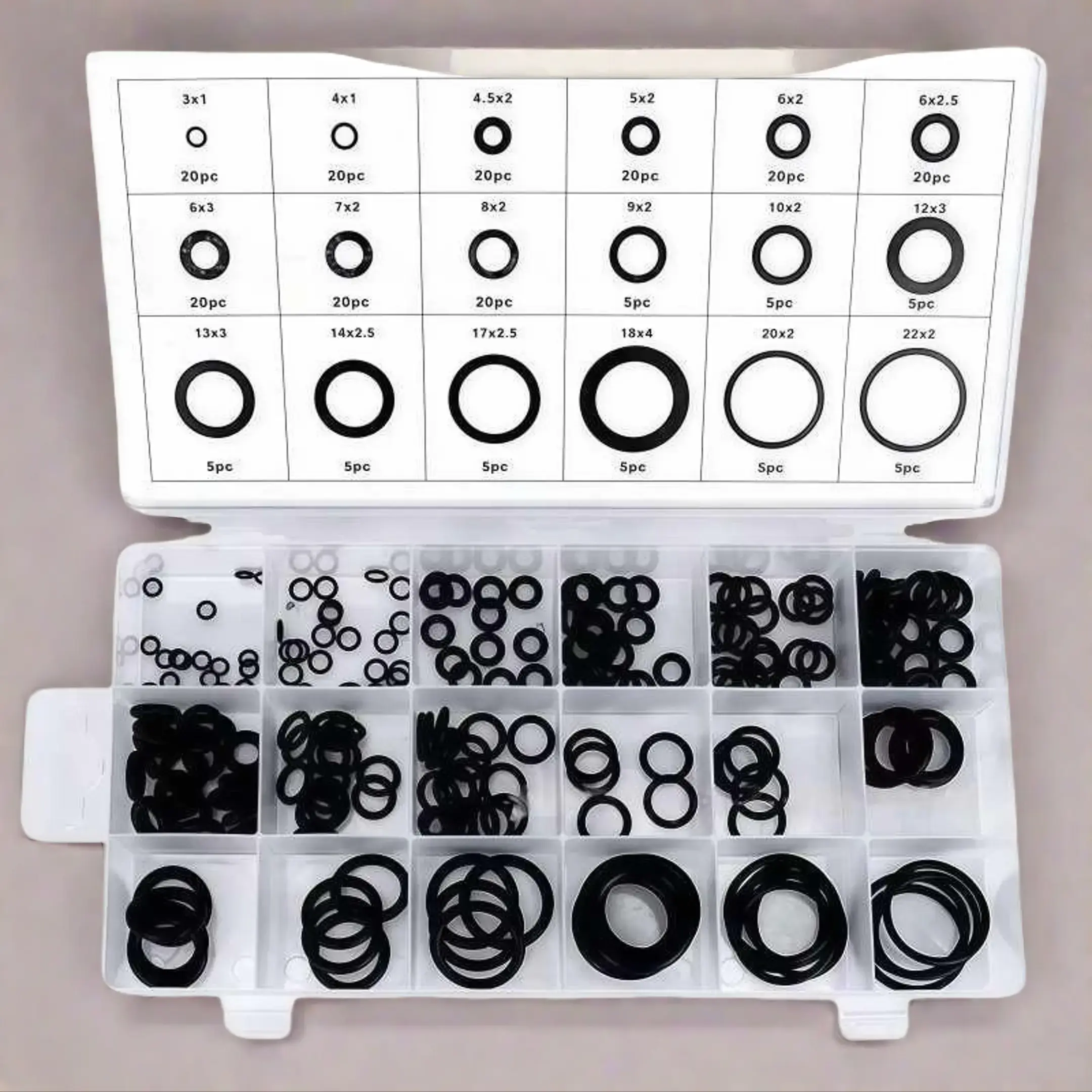 225PCS Multi-Size Rubber O-Ring Seal Kit - 1 Set with 18 Individual Compartments, 18 Popular Sizes, Oil-Resistant Leak-Prevention Gaskets for Faucet Plumbing Repair, Automotive Maintenance (Mechanic Tool Box Accessory)