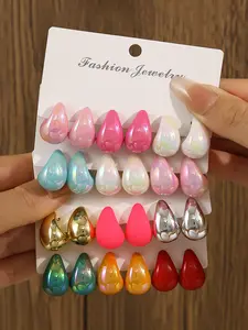 Colorful Water Drop Earrings Set, 6pcs-24pcs Ccb Eco-Friendly Plastic, European Style Jewelry for Women, Versatile Statement Earrings, Cute Design, Trendy Fashionable Accessories, Chic Gorgeous Jewelry