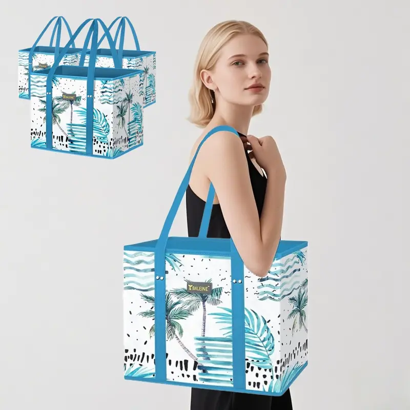 Reusable Grocery Bag Set (3 Pack) - Heavy-Duty Box-Shape Storage Totes with Hard Bottom, Long Handles, Fold-Flat Design, Produce Bag Compatibility, Carries Tall & Slim Items, Stands in Trunk