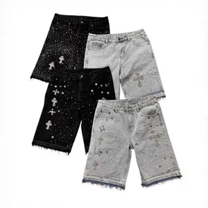 Street Style Hip-Hop Cross Shorts With Diamonds, Straight-Leg Diamond-Studded Five-Point Jeans