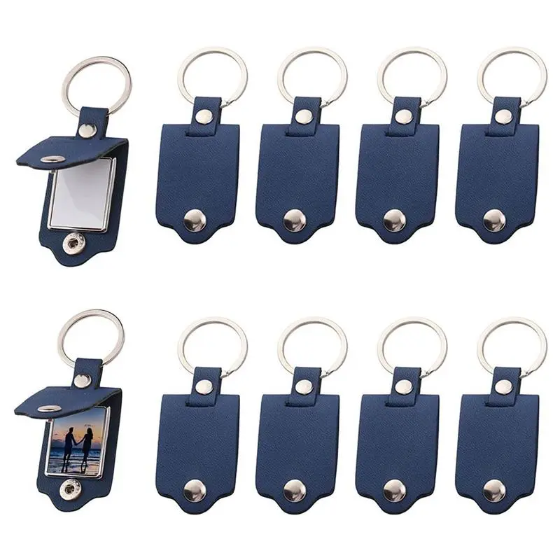 10 Pcs Basic Customizable PU Leather Sublimation Keychain Blanks Bulk - Snap-Button Car Exterior Decoration Key Rings for DIY Photo Printing, Text (Blue)