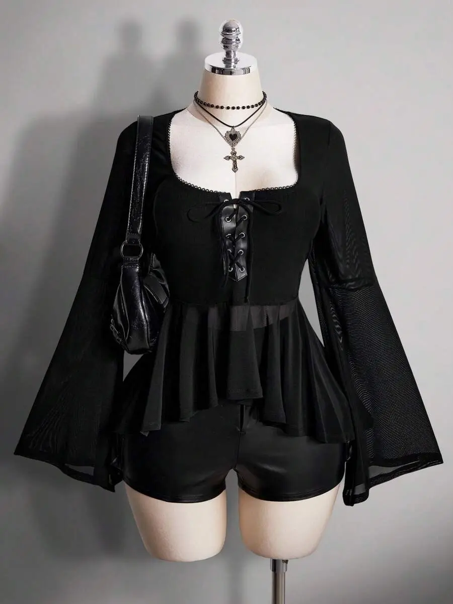 Retro Goth Black Autumn Night Out Club Top,U-Neck Front Tie Asymmetrical Hem Flare Sleeve Gothic Blouses Babydoll Concert Clothes Fall