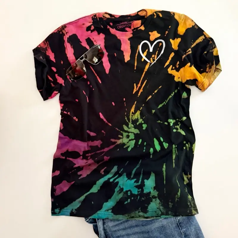 Heart Reverse Tie Dye Shirt Hand Dyed in Studio Unique One of a Kind Style Comfort Stylish Black Bleached Rainbow Tie Dye Women's Basic Tee Everyday Tshirt Bleach Dyed Crewneck Unisex Adult Pre Shrunk Retro Boho Hippie Style Top Womenswear
