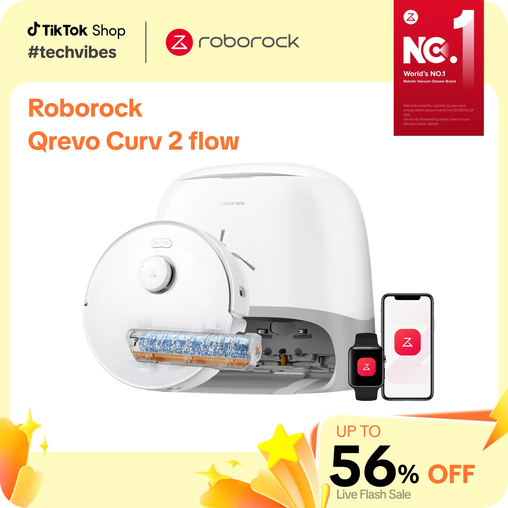 Roborock Qrevo Curv Series 2 Flow Vacuum Mop Combo, Autonomous Robotic Floor Cleaner Machine with 20KPa Power Lift, SpiraFlow Real-Time Self-Cleaning Roller, Dual No-Tangle System, AI Obstacle Avoidance, Heat-Wash & Dry, Carpet Protection #TechVibes