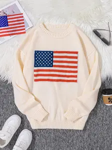 Men's Regular Fit American Flag Graphic Drop Shoulder Sweater, Casual Long Sleeve Round Neck Jumper for Spring & Fall, Fashion Men's Knitwear for Daily Wear