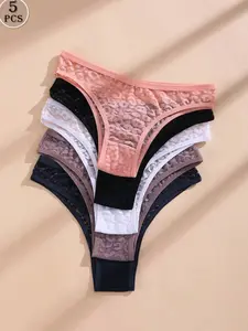Women's 5pcs/Pack Sexy Lace Leopard Print Bikini Panties Seamless V-Waist Thong Solid Color Breathable Sports Underwear Multicolor Low Rise