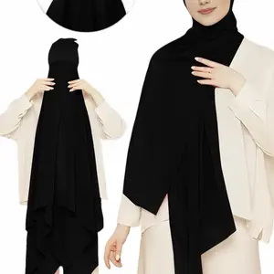 Muslim Women's 1-Piece Plain Instant Hijab Set, Bubble Chiffon Scarf with Modal Tube Cap Innerscarf, Casual Long Islamic Headwear