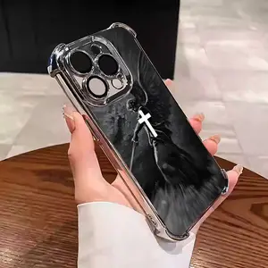 Christian Aesthetic Cross Judgement Angel Phone Case Electroplated Cover with Airbag Shockproof Soft TPU Cover for iPhone 11 12 13 14 15 16 17 Pro Max Plus Air Samsung S26 S25 S24 S23 S22 HH9015