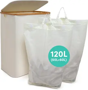 QUALIAZERO 120L Dual Laundry Hamper with Lid – 2-Section Bamboo Frame Hamper with Removable Bags & Easy-Lift Cover, Large Capacity for Families, Bathroom or Bedroom (FEATHER CREAM, DUAL)