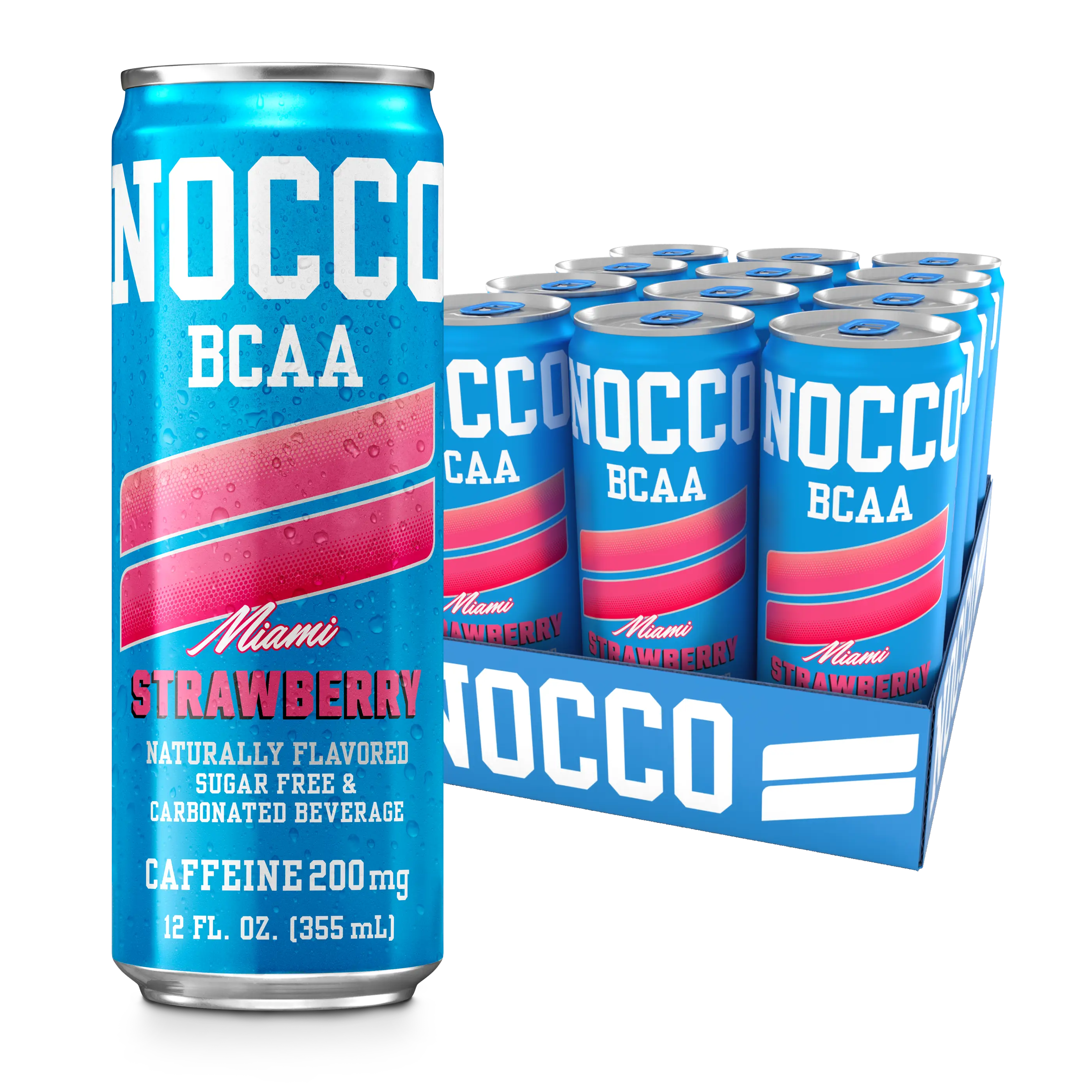 NOCCO Zero Sugar Energy Drink, Miami Strawberry - 12 Fl Oz (Pack of 12) - 200mg Caffeine, Sugar Free, Branched Chain Amino Acids, Carbonated, Low Calo