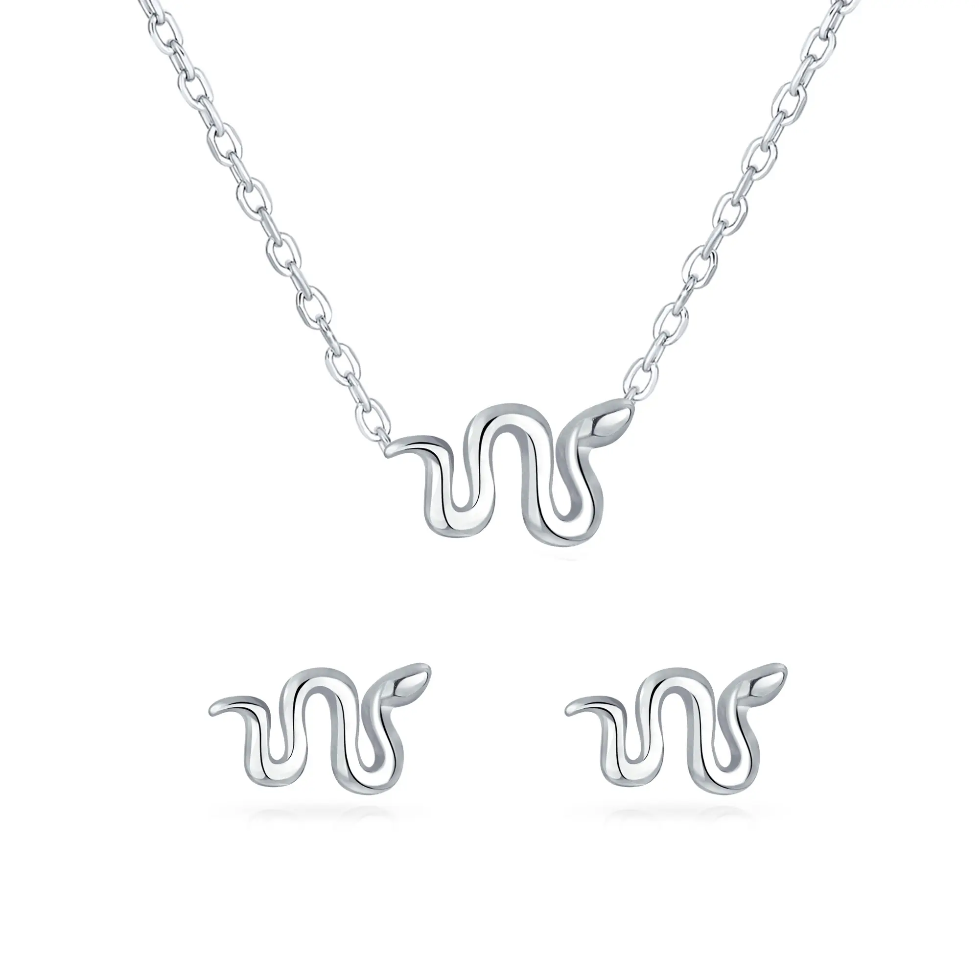 Garden Crawler Reptile Snake Pendant Necklace and Stud Earring Jewelry Set .925 Sterling Silver