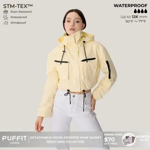 PUFFIT STM-TEX Cropped Detachable Hood Summer Rain Jacket with Drawstring Hem,WaterProof,Stain Resistant,Windproof,Women's Rain Jacket,Breathable Stylish,Inner Pocket Design,Outdoor Sport,School Running,Dog Walking,Football Mum,Womenswear,Windbreaker