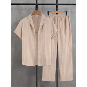 Men’s textured suit set, luxurious casual style, textured fabric, western-style collared shirt, elastic-waist pants, suitable for summer social events and everyday wear GARMENTARY