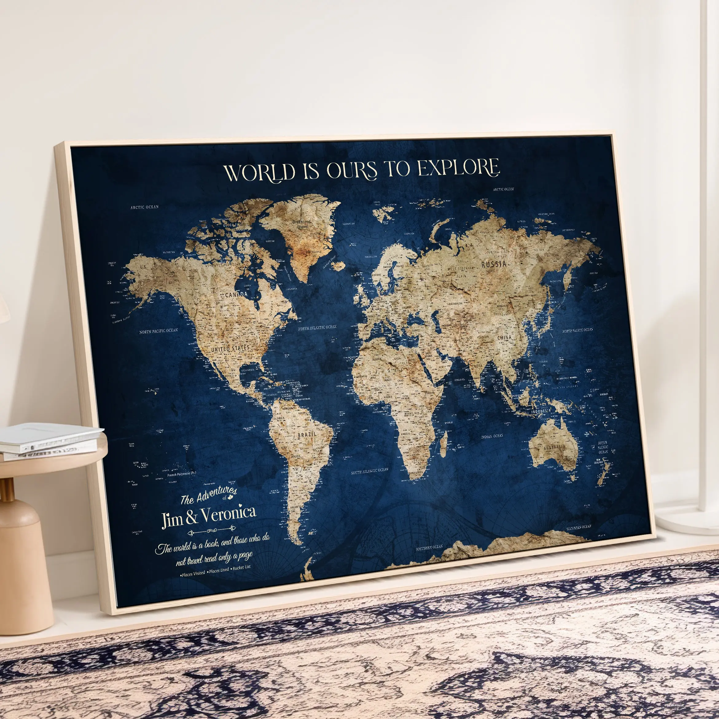 Framed Custom World Map Canvas Print - Deep Blue World Map